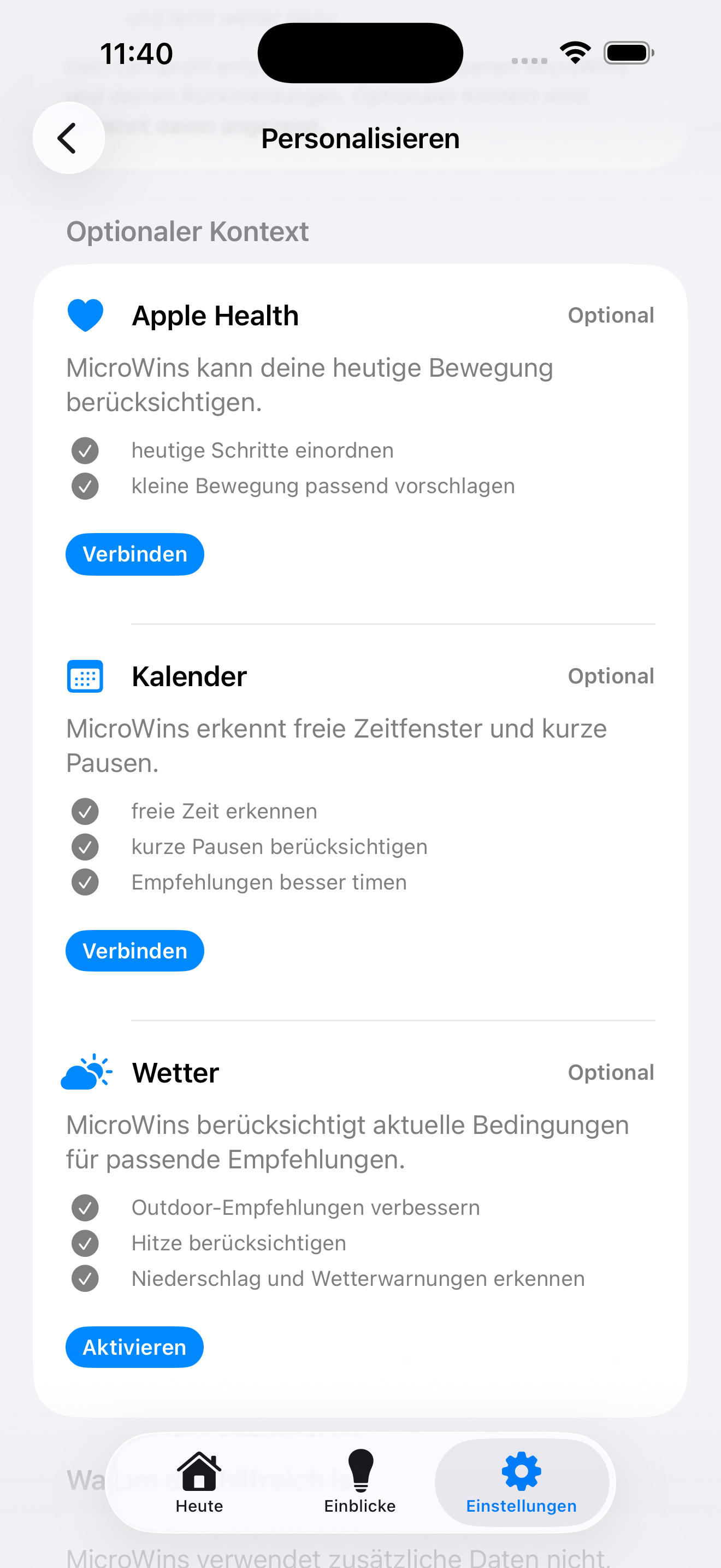 MicroWins Ansicht für optionale Kontextsignale und Datenschutz